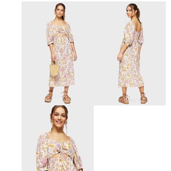 Topshop cutout floral print midi dress Sz US 2. NWT NEW pink white - Picture 2 of 9